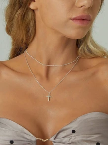 Stainless Steel Bead Chain Women's Delicate & Minimalist Double Layered Cross Pendant Necklace - Silver - View 2
