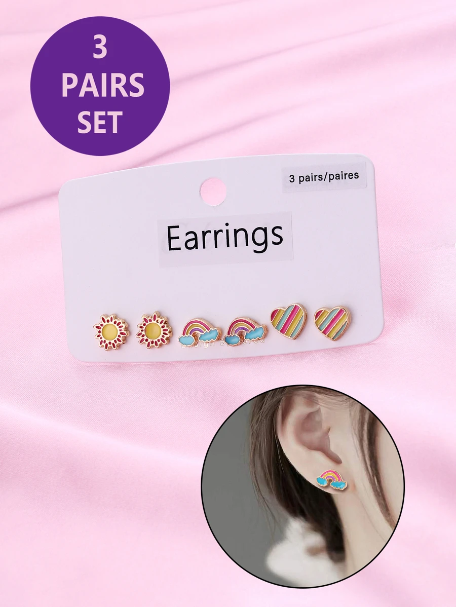 3對女孩彩虹和心耳釘 - 彩色 - 查看 1