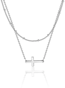 Dây chuyền chữ thập bằng thép không gỉ đơn giản dành cho nữ có lỗ đôi đính cườm & Mặt dây chuyền chữ thập hai lớp Vòng cổ nhiều lớp - Bạc - Xem 4