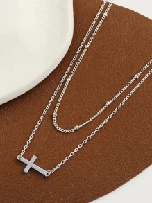 Dây chuyền chữ thập bằng thép không gỉ đơn giản dành cho nữ có lỗ đôi đính cườm & Mặt dây chuyền chữ thập hai lớp Vòng cổ nhiều lớp - Bạc - Xem 2