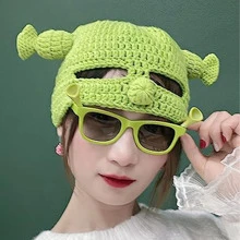 1pc Cute Green Animal Cartoon Full Head Knit Hat With Ears And Mask, Fun Halloween Costume Prop - Green - View 2