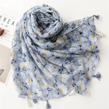 1pc Women's Light Blue Flower Pattern Long Fringe Shawl Scarf For Autumn/winter, Suitable For Daily Use - Multicolor - View 3