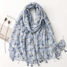 1pc Women's Light Blue Flower Pattern Long Fringe Shawl Scarf For Autumn/winter, Suitable For Daily Use - Multicolor - View 1
