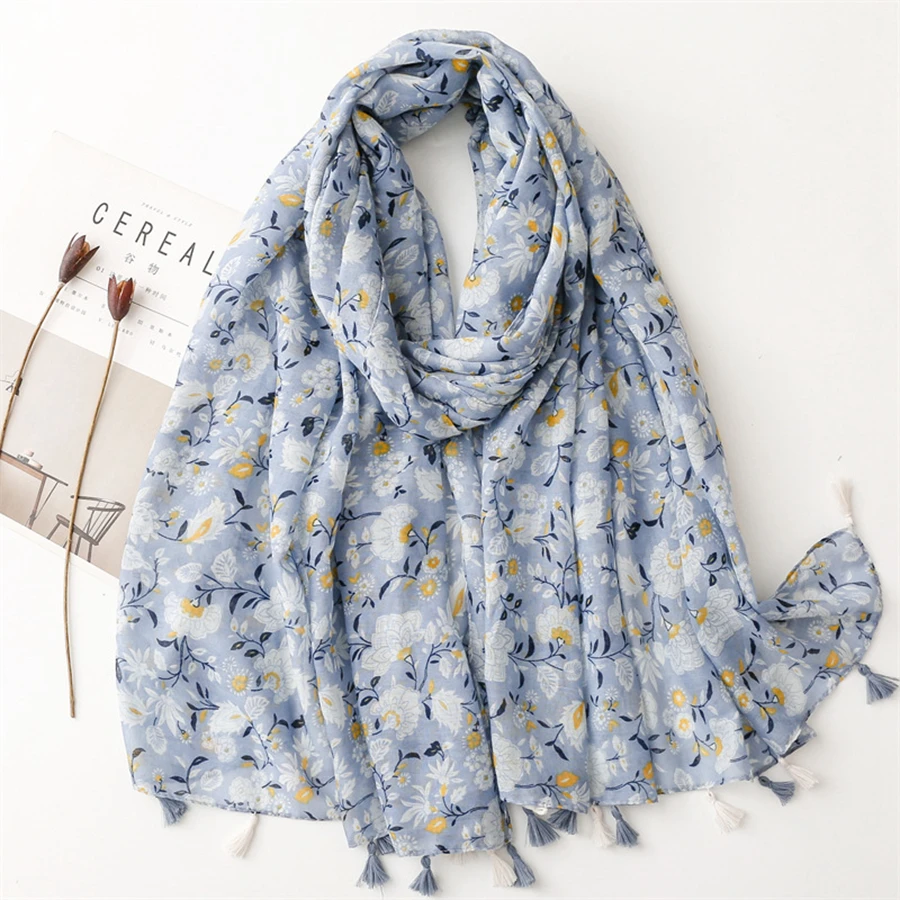 1pc Women's Light Blue Flower Pattern Long Fringe Shawl Scarf For Autumn/winter, Suitable For Daily Use - Multicolor - View 1