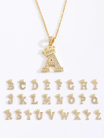 1pc Classic Initial Letter Necklace Stainless Steel Copper Cubic Zirconia Crown Alphabet Pendant Necklace For Kids Fashion Party Jewelry For Friend Delicate Birthday Gift Random One