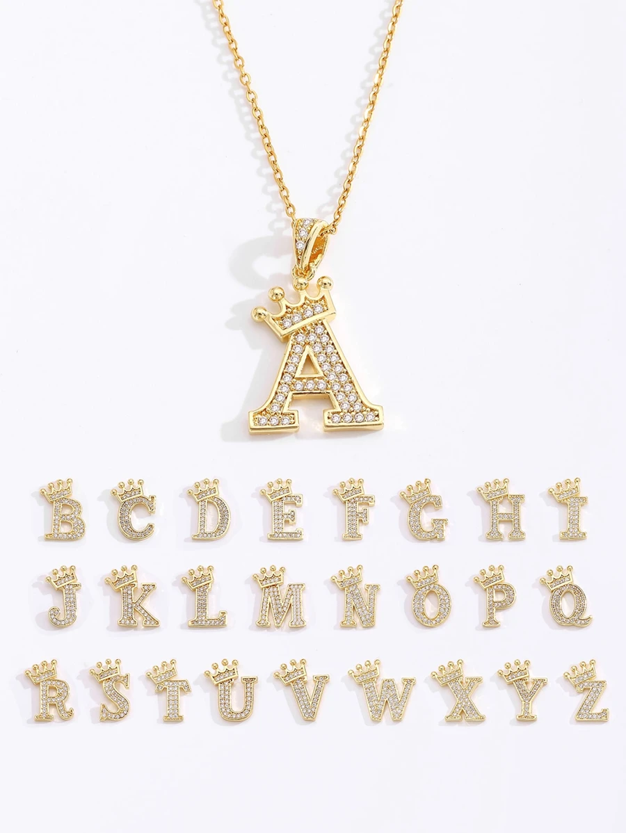 1pc Classic Initial Letter Necklace Stainless Steel Copper Cubic Zirconia Crown Alphabet Pendant Necklace For Kids Fashion Party Jewelry For Friend Delicate Birthday Gift Random One - Yellow Gold - View 1