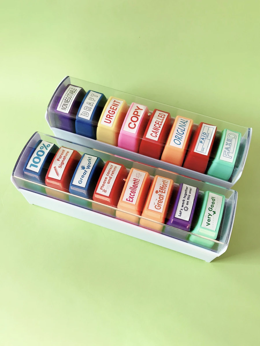 8入組教師趣味評論辦公室感光樹脂印章，兒童英語鼓勵塑料印章套裝 - 彩色 - 查看 1