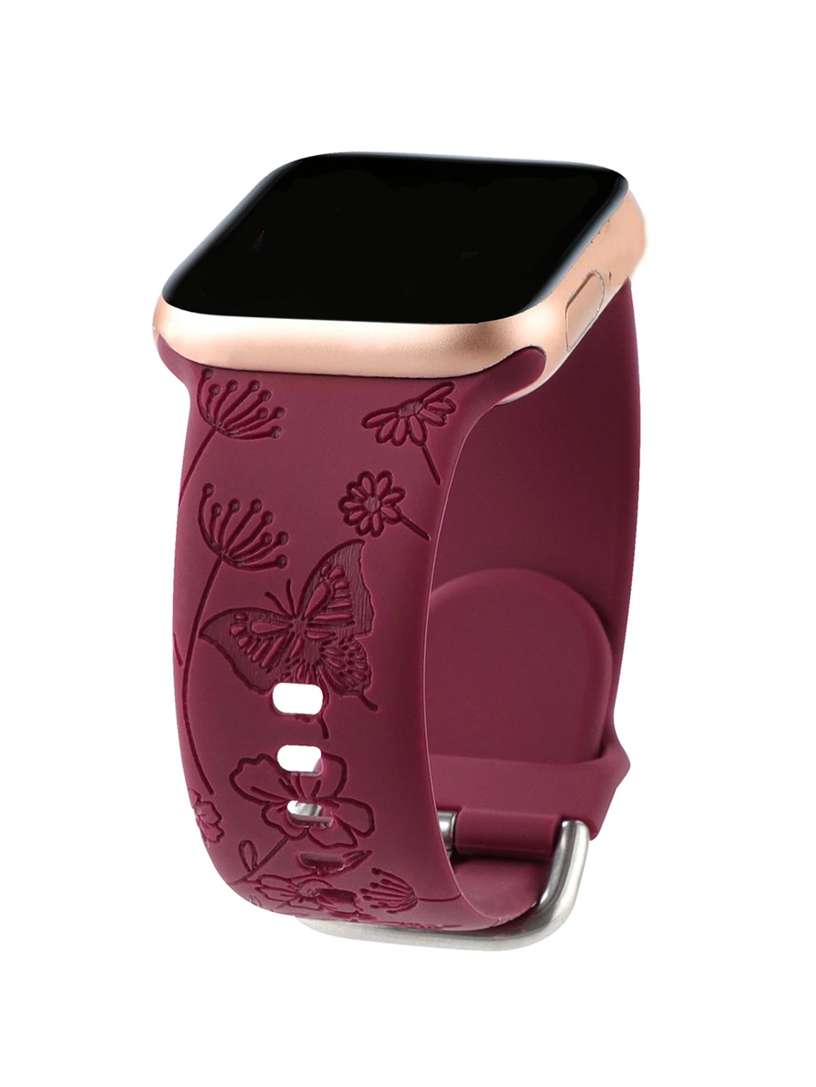 蝴蝶壓花矽膠透氣錶帶適用於Apple Watch - 酒紅色 - 查看 1
