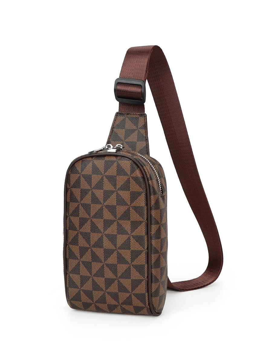 男士几何图案 PU 斜挎包时尚胸前斜挎单肩包户外 PU 皮革商务休闲复古旅行办公防水可调节肩带斜挎包男士户外礼物爸爸礼物父亲礼物男士礼物情人节礼物 - 棕色 - 查看 1