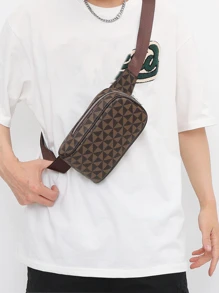 男士几何图案 PU 斜挎包时尚胸前斜挎单肩包户外 PU 皮革商务休闲复古旅行办公防水可调节肩带斜挎包男士户外礼物爸爸礼物父亲礼物男士礼物情人节礼物 - 棕色 - 查看 3