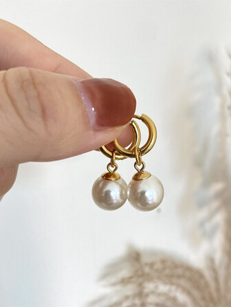 1 Pair Stainless Steel Waterproof Non-Fading Women Pearl Hoop Earrings, Suitable For Daily Wear