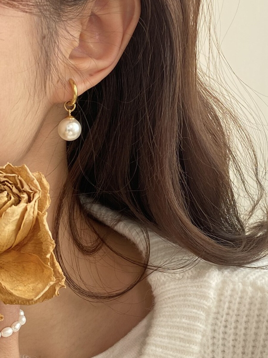 1pair Stainless Steel Waterproof NonFading Faux Pearl Hoop Earrings