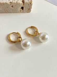 1 Pair Stainless Steel Waterproof Non-Fading Women Pearl Hoop Earrings, Suitable For Daily Wear - Gold - View 3
