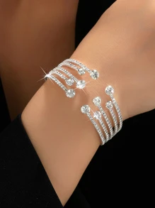 1pc Diamond-set Open End Shining Bracelet For Parties & Dinners - Silver - View 1