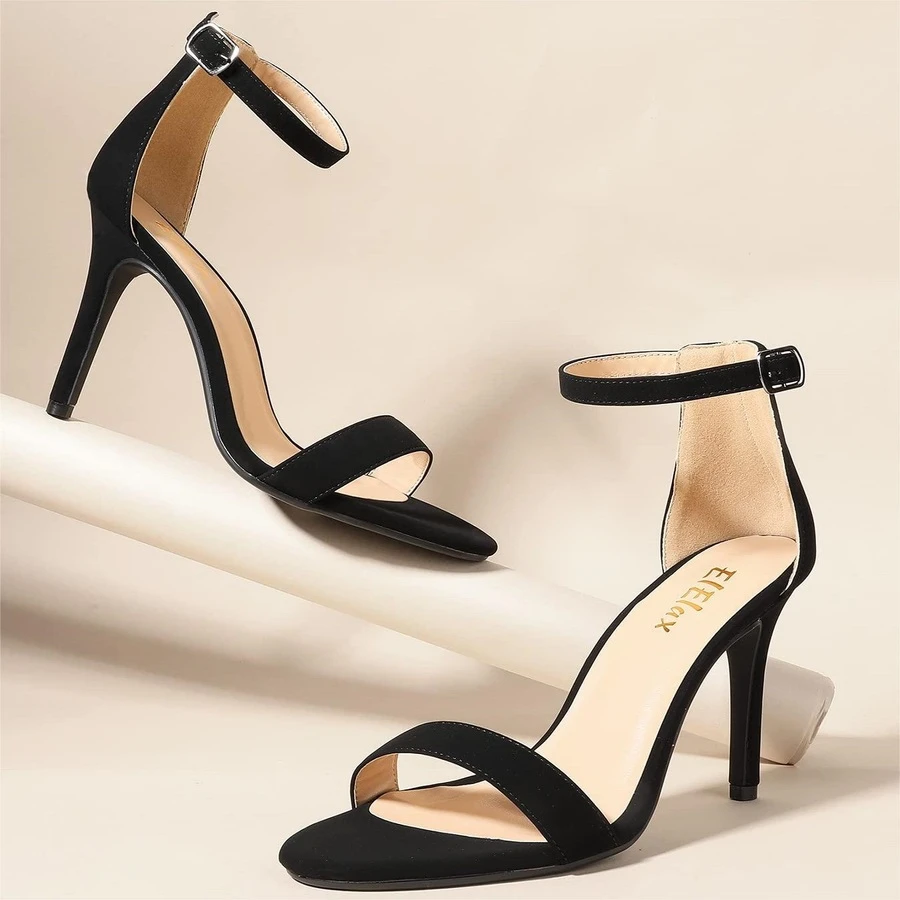 4 Inches Women Heels Stiletto Heels Ankle Strap Heeled Sandals for Dressy Wedding Party - Camurça preta - Visão 1