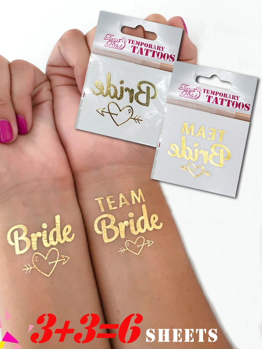 6入組防水、持久、逼真的女性紋身貼紙套裝,包括金色和金屬貼紙,作為伴娘裝飾