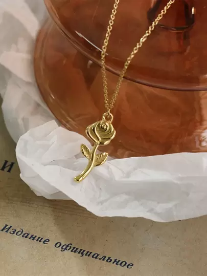 1pc Waterproof & Fade-Resistant Vintage 18K Gold Stainless Steel Rose Flower Pendant Necklace, Suitable For Women's Daily Wear