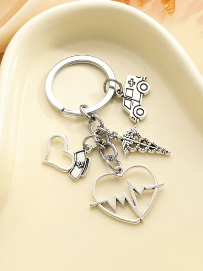 1 pieza Llavero de aleación con diseño de corazón con ECG, gorra de enfermera y ambulancia para amigos médicos y enfermeras