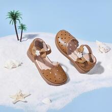 Balabala 女童夏季露趾涼鞋，透氣蝴蝶結扣復古甜美女童涼鞋 - 卡其色 - 查看 2