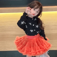 小女童褶邊網紗覆蓋半身裙 - 橘色 - 查看 3