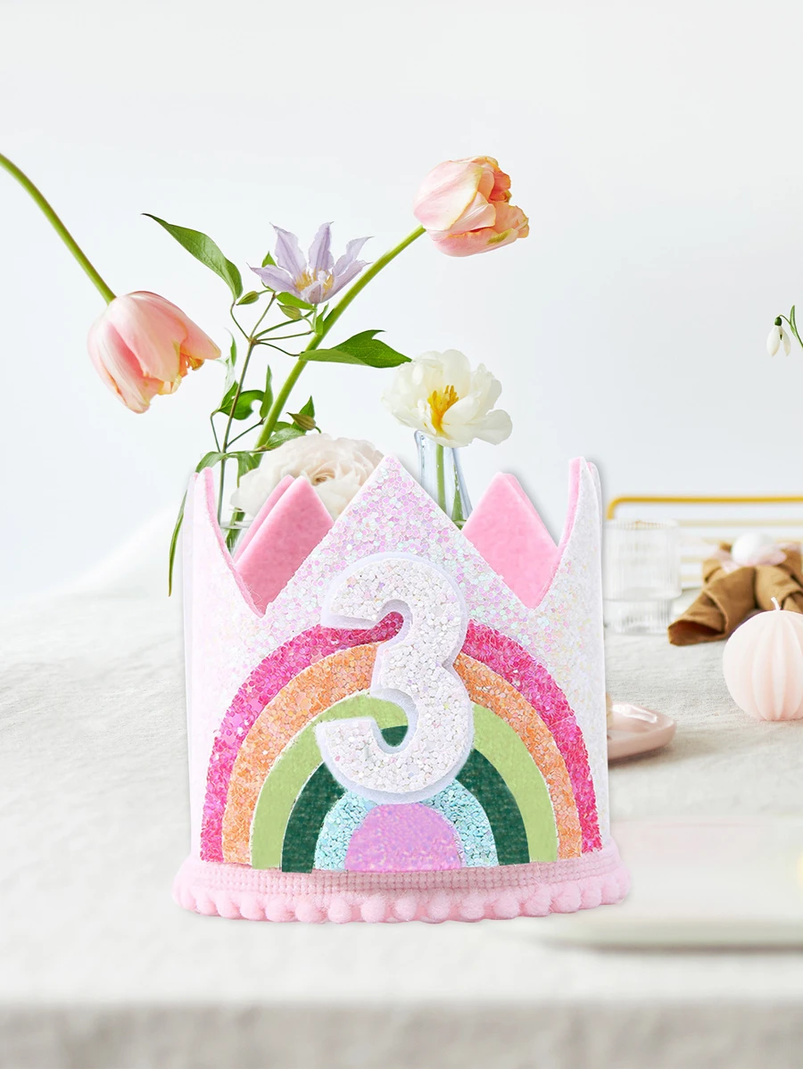 1入組彩虹和數字裝飾派對帽,亮片紙皇冠適用於兒童三歲生日派對 - 彩色 - 查看 1