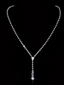 2pcs Simple Diamond Stud Earrings And Necklace Set - Silver - View 2