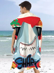 Due  jeheo Áo choàng tắm có mũ họa tiết cá mập hoạt hình, Khăn quấn khăn tắm khô nhanh bằng polyester sáng tạo cho người lớn - Nhiều màu - Xem 1