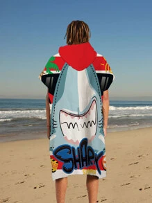 Due  jeheo Áo choàng tắm có mũ họa tiết cá mập hoạt hình, Khăn quấn khăn tắm khô nhanh bằng polyester sáng tạo cho người lớn - Nhiều màu - Xem 2