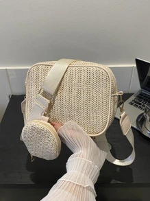 女士休闲假日草编斜挎包，带可调节肩带 - 米色 - 查看 2