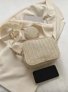 女士休闲假日草编斜挎包，带可调节肩带 - 米色 - 查看 7