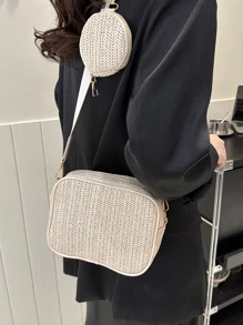女士休闲假日草编斜挎包，带可调节肩带 - 米色 - 查看 5