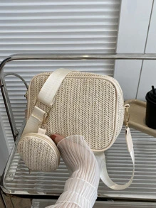 女士休闲假日草编斜挎包，带可调节肩带 - 米色 - 查看 3