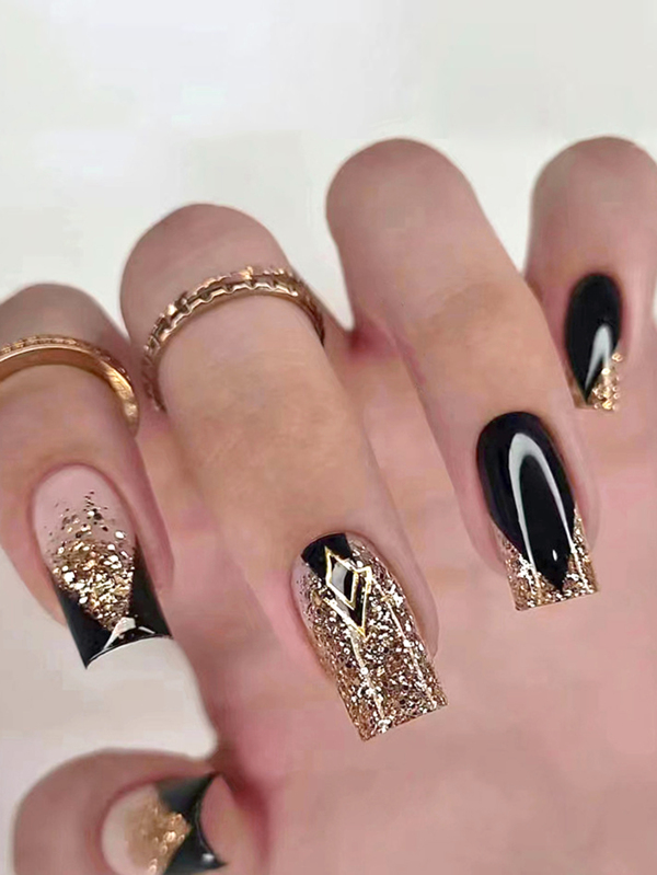 Get Glamorous With 24pcs Black Gold Glitter French Press On Nails, Long Square Fake Nails Ballerina Nail Glossy Acrylic Line Design With Coffin False Nails For Women Girl Nail Supplies