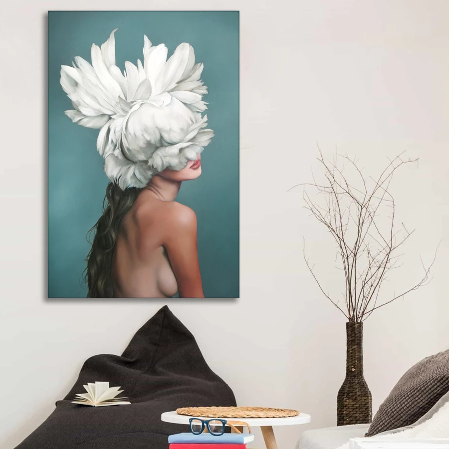 Sexy Nude Beauty Woman Lady Naked Painting Canvas Prints-White Feather Flower on Women, Portrait
