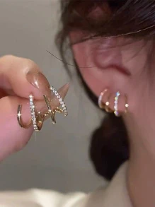 1pair Personalized Rhinestone Inlaid Geometric Design Stud Earrings For Women - Yellow Gold - View 1