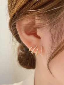 1pair Personalized Rhinestone Inlaid Geometric Design Stud Earrings For Women - Yellow Gold - View 2