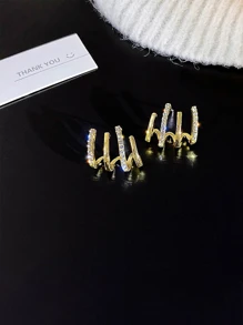 1pair Personalized Rhinestone Inlaid Geometric Design Stud Earrings For Women - Yellow Gold - View 3