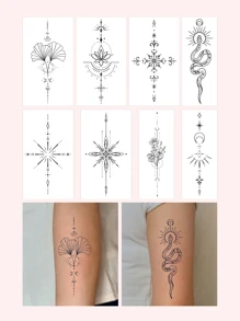 8入組簡約線條刺青貼紙,大型設計01,適用於手臂 - 黑色 - 查看 1