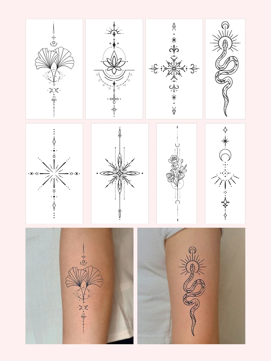 8入組簡約線條刺青貼紙,大型設計01,適用於手臂 - 黑色 - 查看 1