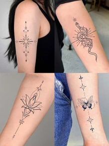 極簡線條圖案紋身貼紙套裝,8 張適用於手臂,大號 02 - 黑色 - 查看 4