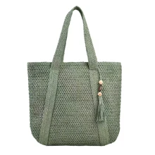 1pc Portable Hollowed-Out Woven Straw Shoulder Bag For Women, Suitable For Outdoor Casual & Vacation - Olive Green - View 1