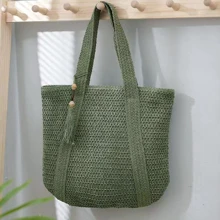 1pc Portable Hollowed-Out Woven Straw Shoulder Bag For Women, Suitable For Outdoor Casual & Vacation - Olive Green - View 3