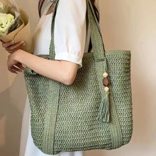 1pc Portable Hollowed-Out Woven Straw Shoulder Bag For Women, Suitable For Outdoor Casual & Vacation - Olive Green - View 2