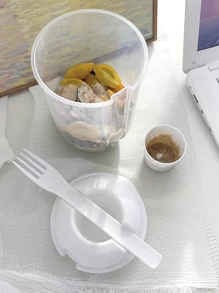 Tasse à salade de petit-déjeuner portable avec fourchette, couvercle et tasse à sauce, tasse d'avoine, tasse mélangeur de salade multifonctionnelle, convient pour contenir des légumes, des fruits et du yaourt, idéal pour le petit-déjeuner, le déjeuner, le goûter, taille compacte pour s'adapter dans un sac - Blanc - Voir 4