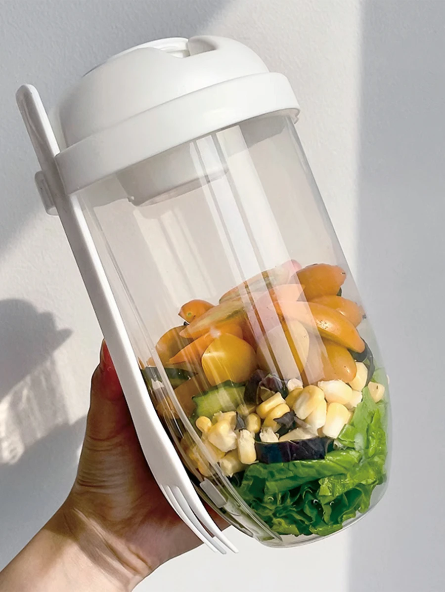 Tasse à salade de petit-déjeuner portable avec fourchette, couvercle et tasse à sauce, tasse d'avoine, tasse mélangeur de salade multifonctionnelle, convient pour contenir des légumes, des fruits et du yaourt, idéal pour le petit-déjeuner, le déjeuner, le goûter, taille compacte pour s'adapter dans un sac - Blanc - Voir 1
