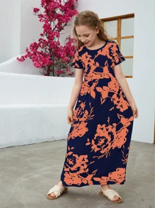 Váy dài in hoa giản dị rộng rãi cho bé gái tuổi teen có tay ngắn - trái cam - Xem 3