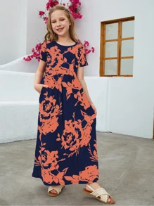 Váy dài in hoa giản dị rộng rãi cho bé gái tuổi teen có tay ngắn - trái cam - Xem 5