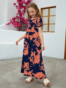 Váy dài in hoa giản dị rộng rãi cho bé gái tuổi teen có tay ngắn - trái cam - Xem 4