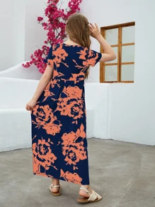 Váy dài in hoa giản dị rộng rãi cho bé gái tuổi teen có tay ngắn - trái cam - Xem 2