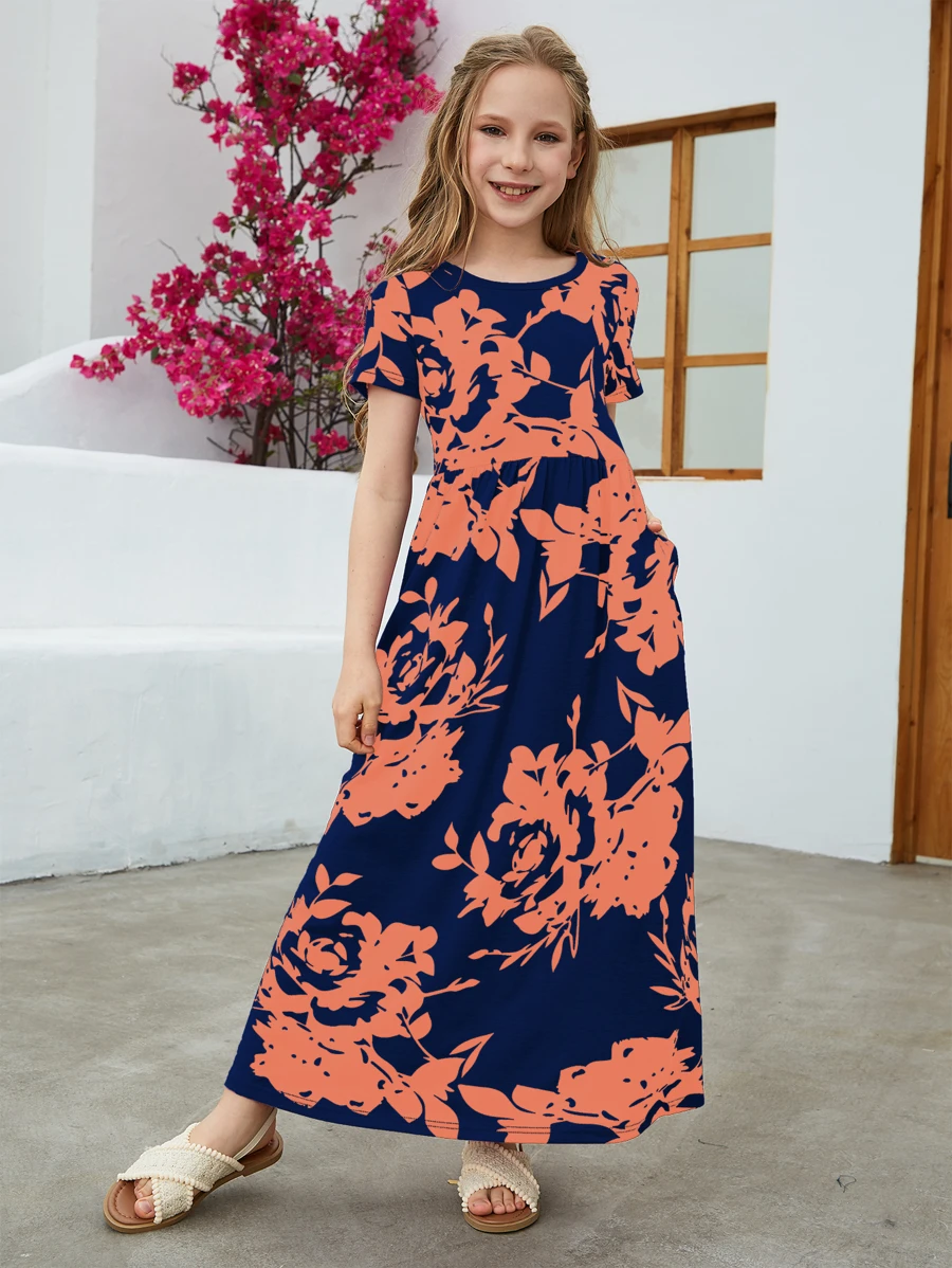 Váy dài in hoa giản dị rộng rãi cho bé gái tuổi teen có tay ngắn - trái cam - Xem 1